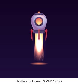 The spaceship is taking off. Vector graphics depicting a UFO flying on a rocket engine. It demonstrates advanced space travel technology with an alien design