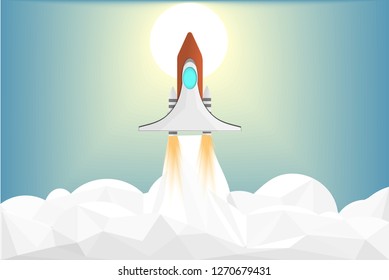 spaceship technology flying go to discovery future,above clouds low poly with sunset blue sky background,business growth financial of innovation,vector art and illustration.