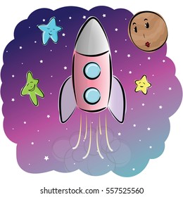 Spaceship, three cute stars and solo planet in space vector illustration. Colors outside black outline. Image for souvenir or children's production, for shirts