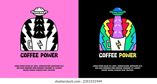 Spaceship and thunder coffee with coffee power typography, illustration for logo, t-shirt, sticker, or apparel merchandise. With doodle, retro, groovy, and cartoon style.