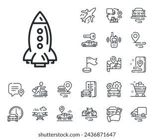 In: Spaceship transport sign. Symbole für Ebene, Lieferkette und Platzierungsübersicht. Raketenlinien-Symbol. Flugzeugsymbol. In: Rocket Line Sign. Taxi Transport, ein Fahrrad mieten Ikone. Reiseplan. Vektor