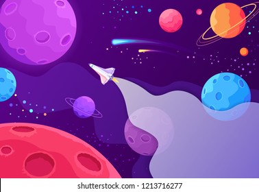 Spaceship travel to the new planets and galaxies. Space trip future technology