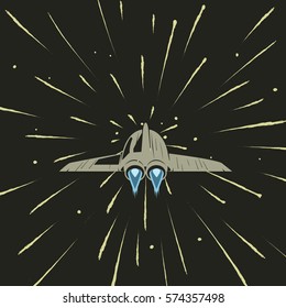 spaceship travel with speed of light.Cosmic adventure.Cartoon vector illustration