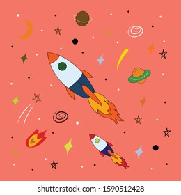 Spaceship travel vector illustration Pink rocket background