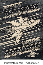 Spaceship travel vintage flyer monochrome fantasy plane in outer space fighting UFO flying saucers with aliens or Martians vector illustration