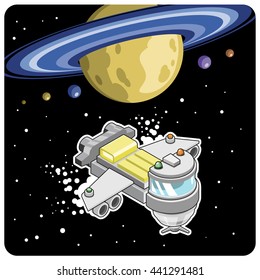 Spaceship traveling by saturn with satellites, stars in background (isometric illustration)
