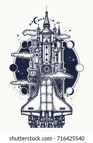 Spaceship turns into the medieval castle tattoo and t-shirt design. Symbol creative ideas, sciences, imaginations, dreams, fairy tales, modern technologies, future, motivation 