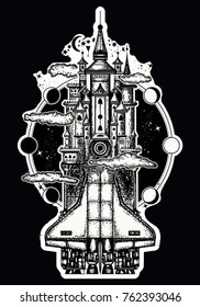 Spaceship turns into the medieval castle tattoo and t-shirt design. Symbol creative ideas, sciences, imaginations, dreams, fairy tales, modern technologies, future, motivation 