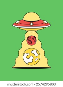 Spaceship or ufo capturing two planets hand drawn cartoon