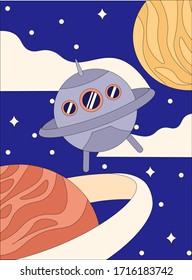 Spaceship (ufo) fly into the open space among the stars and planets. Flat vector line illustration, banner, postcard