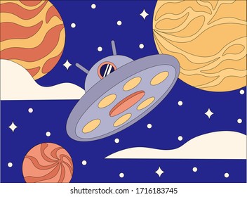 Raumschiff (ufo) fliegt in den offenen Raum zwischen den Sternen und Planeten. Flache Vektorillustration, Illustration, Banner, Postkarte