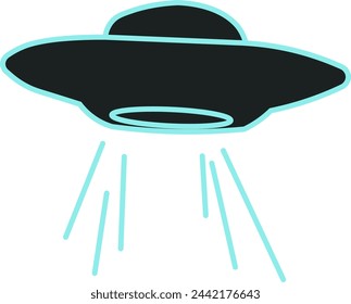 spaceship, ufo, flying saucer, ufo in minimal black and blue design with transparent background