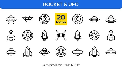 Spaceship UFO Icons Set. Rocket, satellite, planet, alien, and more. Editable stroke.
