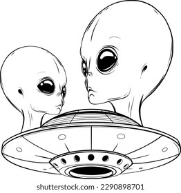 Spaceship UFO monochrome emblem intergalactic traveler humanoid in flying saucer alien guest ufological mysterious style vector illustration