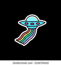 Spaceship UFO with rainbow, illustration for t-shirt, street wear, sticker, or apparel merchandise. With doodle, retro, and cartoon style.