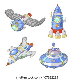 Spaceship and UFO vector cartoon set, Rocket, spacecraft