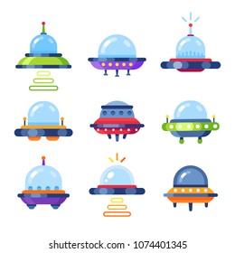 Spaceship and UFO vector set. Unidentified spaceships and spacecrafts from alien invaders, with various futuristic shapes. vector flat illustration.