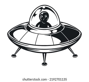 Spaceship UFO vintage monochrome emblem intergalactic traveler humanoid in flying saucer alien guest ufological mysterious style vector illustration