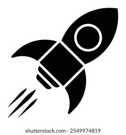 Spaceship vector icon. Rocket symbol. Spacecraft sign. Space ship black silhouette. New business start up. Isolated on white background.