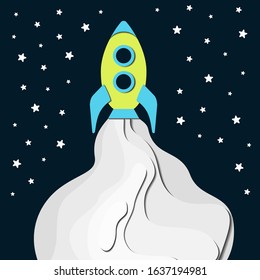 Spaceship vector illustration in paper cut style. Green rocket on dark night background with stars. Puff of white smoke bursting out of exhaust. Spacecraft zooms into space. Business start-up concept