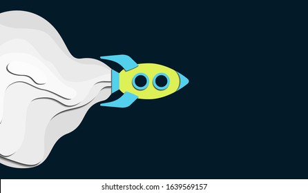 Spaceship vector illustration in paper cut style. Green rocket on dark night background with copy space for text. Puff of white smoke bursting out of exhaust. Spacecraft zooms into space