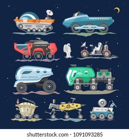 Spaceship vector lunar-rover or moon-rover and spacecraft with spaceman exploring moon illustration exploration set of lunar vehicle and spaced ship in universe space isolated on background