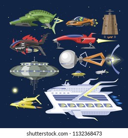 Spaceship vector spacecraft or rocket and spacy ufo illustration set of spaced ship or rocketship in universe space isolated on background