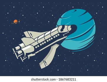 spaceship and venus in poster vintage style vector illustration design