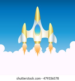 Spaceship. Vertical start of  shuttle in  smoke clubs. Illustration for children. Space theme. Start up background. Vector illustration.