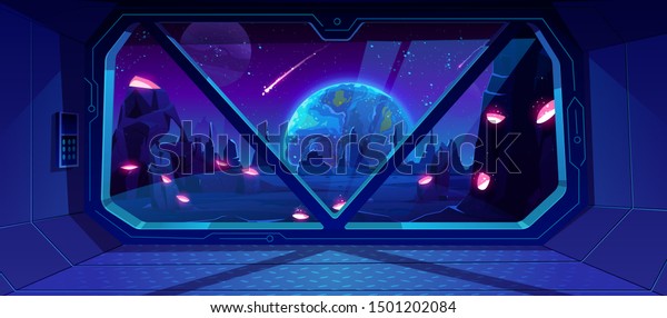 Spaceship view on Earth at night from alien\
planet with craters, neon space background with falling meteor in\
dark starry sky, fantasy landscape through shuttle window. Cartoon\
vector illustration