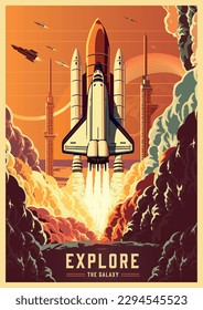 Spaceship vintage flyer colorful with rocket taking off from earth for scientific research and colonization of distant galaxies vector illustration