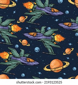 Spaceship vintage pattern seamless colorful military shuttles in outer space with planets and starry sky galactic war vector illustration