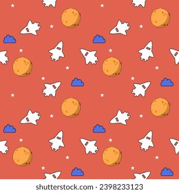 Spaceship white cartoon so cute. On moon cloud star red background. Pattern seamless vector illustration. 
