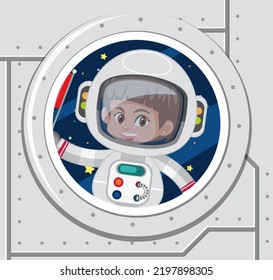 Spaceship window with astronaut illustration