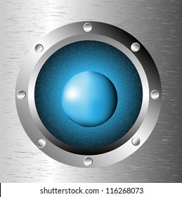 Spaceship window porthole with space: dark blue sky, planet and stars