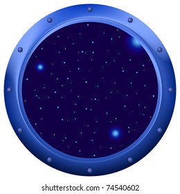 Spaceship window porthole with space, dark blue sky and stars