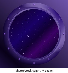 Spaceship window porthole with space, dark blue sky and stars