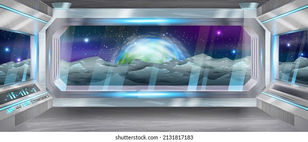 Spaceship window view, cosmic stones, stars, future spacecraft interior, vector Earth planet. Metal neon galaxy game background, shuttle frame, night sky. Fantasy sci-fi spaceship window, moon ground