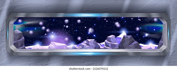 Spaceship window view, future spacecraft interior, vector alien planet rock stone meteorite surface. Purple neon galaxy game background, shuttle frame, night sky stars, flare. Metal spaceship window