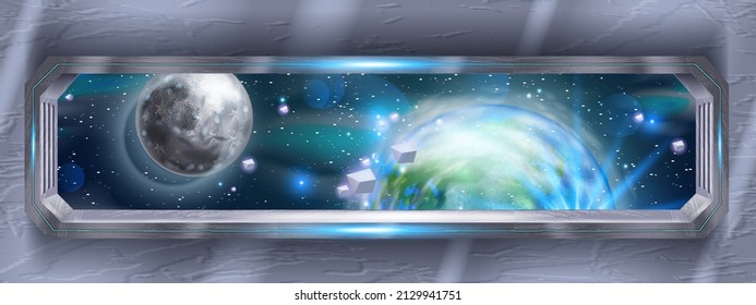 Weltraumsicht, künftiges Raumschiff-Interieur, Vektorerplanet, Mond, kosmische Steine, Sterne. Metal Neon Galaxy Spielhintergrund, Nachthimmel, Shuttle Rahmen, Fackel. Fantasy sci-fi Raumschiff-Fenster