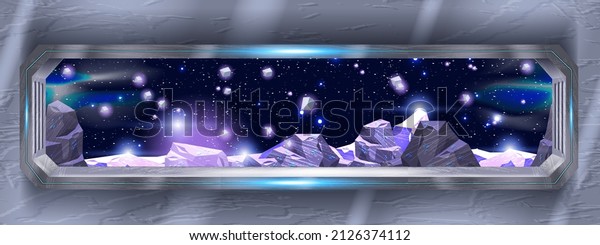 Spaceship window view, future spacecraft interior,\
vector alien planet rock stone meteorite surface. Purple neon\
galaxy game background, shuttle frame, night sky stars, flare.\
Metal spaceship\
window