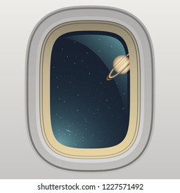 Spaceship Window, View Of Planet And Space, Vector Background