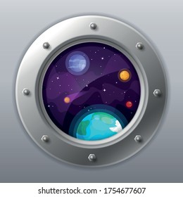 Spaceship window view. Porthole from rocket to dark sky with Earth, stars, planets. Shuttle with round glass window. Spaceship exploration or universe traveling cartoon vector illustration.