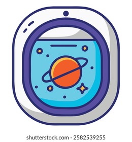 Spaceship window view Saturn icon isolated vector