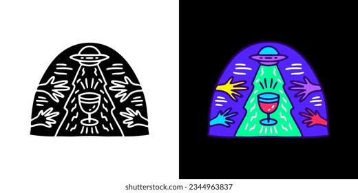 Spaceship, wine, and people hands emblem. illustration for t-shirt, sticker, or apparel merchandise. With doodle, retro, groovy, and cartoon style.