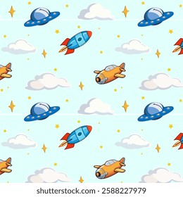 Spaceships among the clouds.Vector seamless pattern with rocket, airplane and flying saucer among clouds.