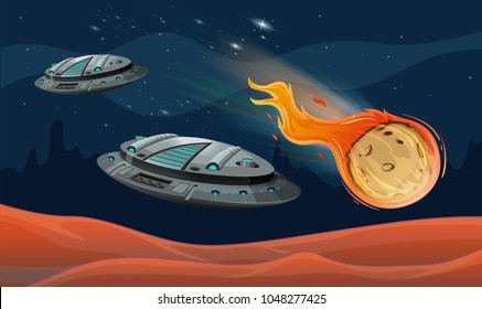 Spaceships And Astroid In The Space Illustration