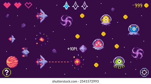 Spaceships battle alien creatures in deep space with stars, planets, and swirling galaxies. Ideal for video games, retro themes, sci-fi, pixel art, and digital entertainment. Fun and vibrant