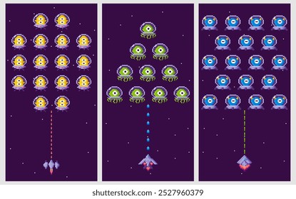 Spaceships battle alien formations in a retro video game style. Colorful pixelated graphics depict spaceships firing at rows of aliens. Ideal for gaming, retro themes, pixel art, sci-fi, classic