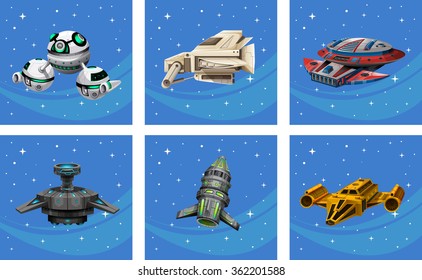 Spaceships floating in the space illustration